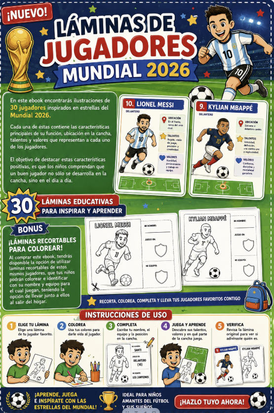 Láminas de Jugadores del Mundial 2026: 30 láminas educativas, bonus para colorear e instrucciones de uso