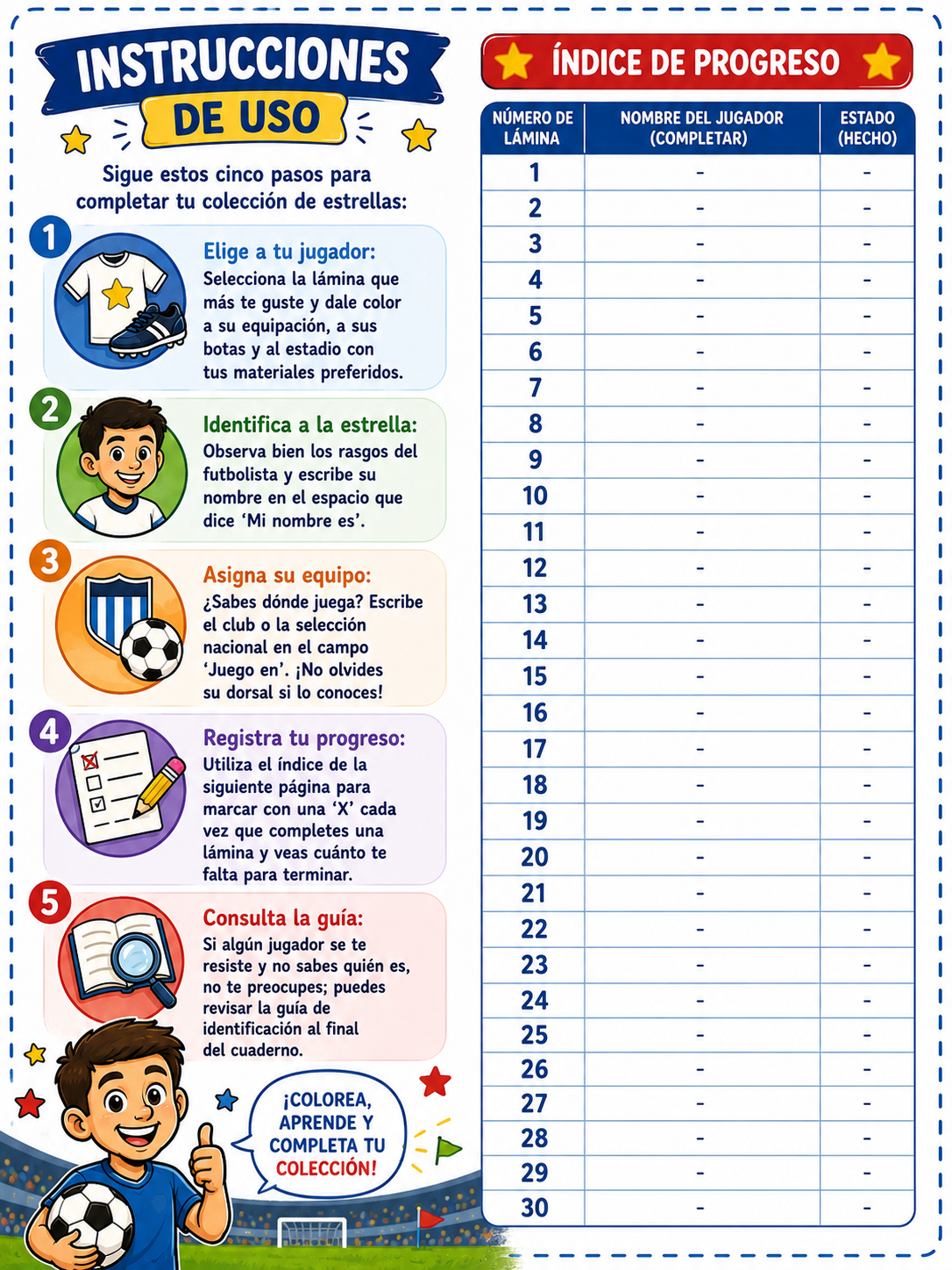 Instrucciones de uso en cinco pasos e índice de progreso de las 30 láminas